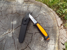 Load image into Gallery viewer, Survival Knife - Mora Basic 546 - Outside of sheath front at angle - Wilderness Survival Systems : Picture
